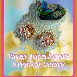 Vintage Elegant Aurora Borealis Pearl Cluster Earrings